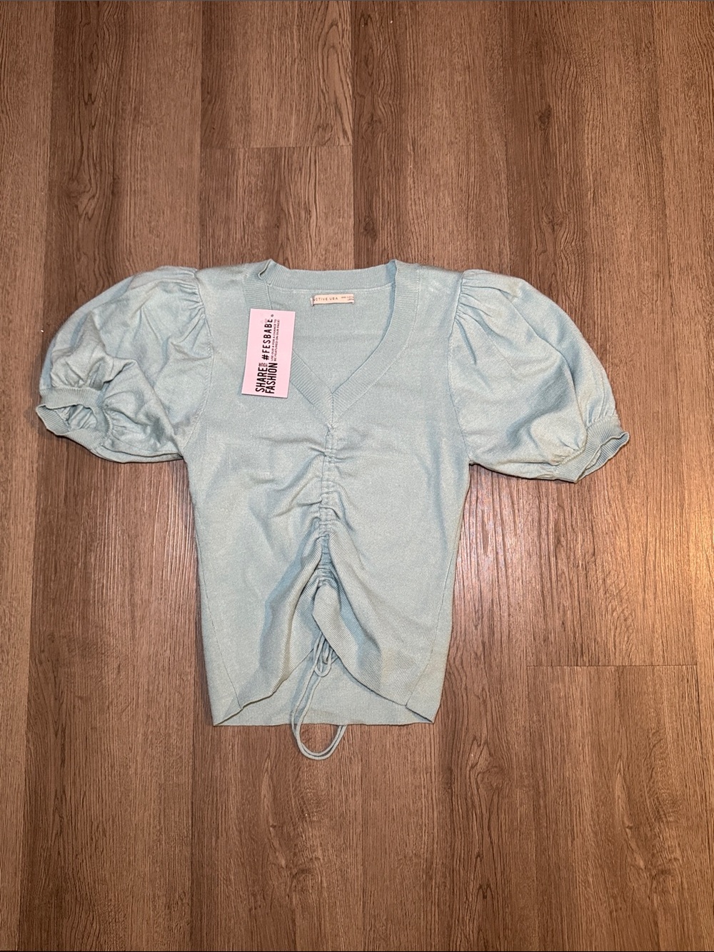 Active USA Pale Blue Puff Sleeve Ruched V-Neck Crop Top